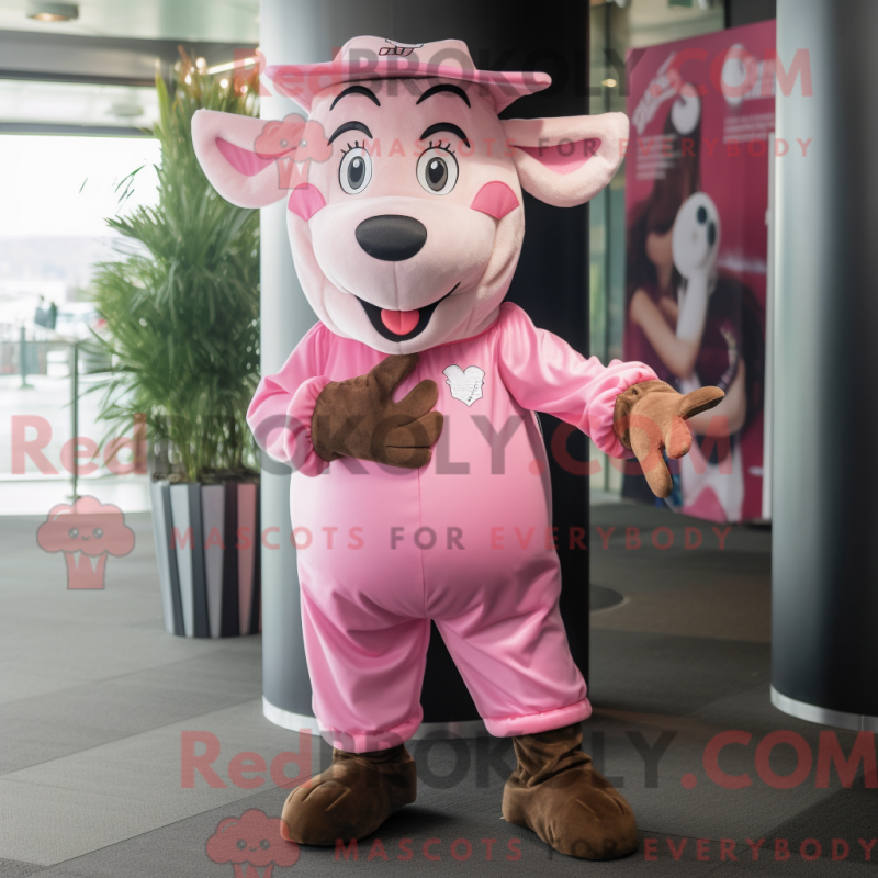 Mascote de um Zebu Rosa com macacão e bonés - Mascotes Zebu - REBROKO_404353 - RedBrokoly.com