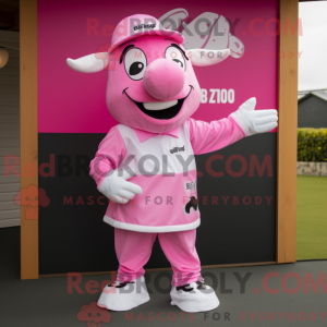 Mascote de um Zebu Rosa com macacão e bonés - Mascotes Zebu - REBROKO_404354 - RedBrokoly.com