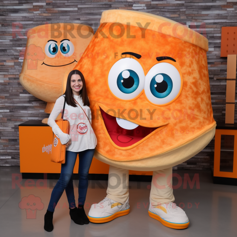 Orange Pizza Slice mascot costume character dressed with a Mom Jeans and Briefcases