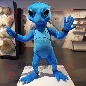 Blue Lizard mascot costume character dressed with a Bodysuit and Rings