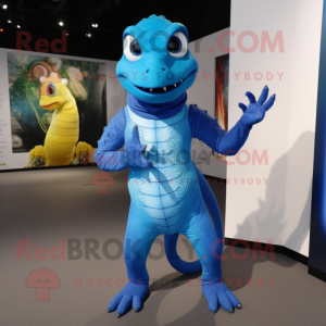 Blue Lizard mascot costume character dressed with a Bodysuit and Rings