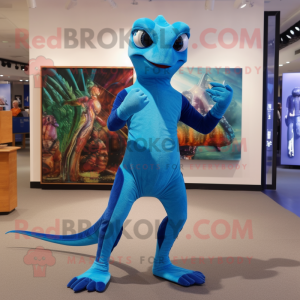 Blue Lizard mascot costume character dressed with a Bodysuit and Rings