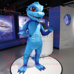 Blue Lizard mascot costume character dressed with a Bodysuit and Rings