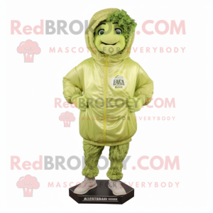 Lime Green Caesar Salad mascot costume character dressed with a Windbreaker and Foot pads