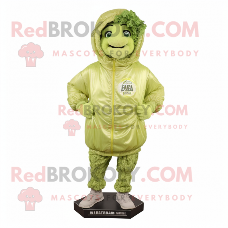 Lime Green Caesar Salad mascot costume character dressed with a Windbreaker and Foot pads Lime Green Caesar Salad mascot costume character dressed with a Windbreaker and Foot pads