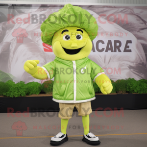 Lime Green Caesar Salad mascot costume character dressed with a Windbreaker and Foot pads