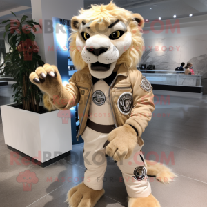 Beige Smilodon mascot costume character dressed with a Moto Jacket and Coin purses