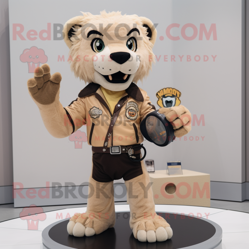 Beige Smilodon mascot costume character dressed with a Moto Jacket and Coin purses