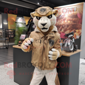 Beige Smilodon mascot costume character dressed with a Moto Jacket and Coin purses