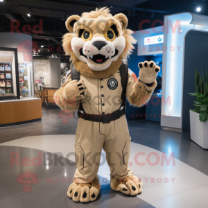 Beige Smilodon mascot costume character dressed with a Moto Jacket and Coin purses