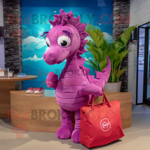 Magenta Seahorse mascot costume character dressed with a Poplin Shirt and Tote bags