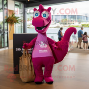 Magenta Seahorse mascot costume character dressed with a Poplin Shirt and Tote bags