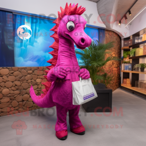 Magenta Seahorse mascot costume character dressed with a Poplin Shirt and Tote bags