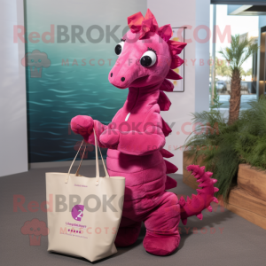 Magenta Seahorse mascot costume character dressed with a Poplin Shirt and Tote bags
