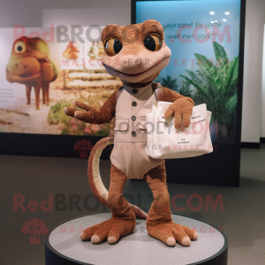 Brown Geckos mascot costume character dressed with a Henley Tee and Clutch bags