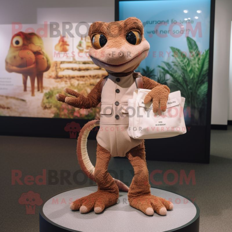 Brown Geckos mascot costume character dressed with a Henley Tee and Clutch bags Brown Geckos mascot costume character dressed with a Henley Tee and Clutch bags