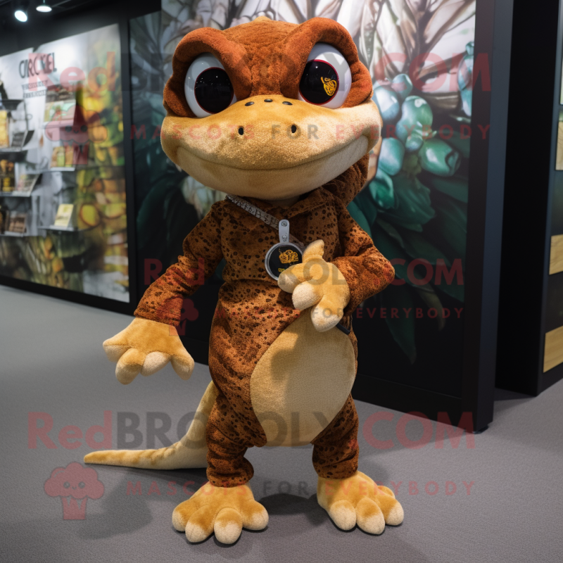 Brown Geckos mascot costume character dressed with a Henley Tee and Clutch bags Brown Geckos mascot costume character dressed with a Henley Tee and Clutch bags