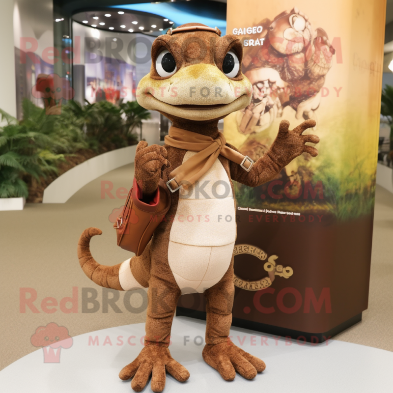Brown Geckos mascot costume character dressed with a Henley Tee and Clutch bags