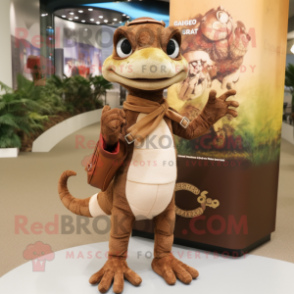 Brown Geckos mascot costume character dressed with a Henley Tee and Clutch bags