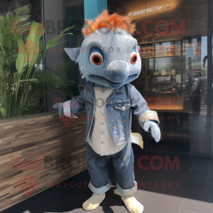 Gray Goldfish mascot costume character dressed with a Denim Shirt and Headbands