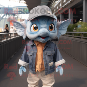 Gray Goldfish mascot costume character dressed with a Denim Shirt and Headbands