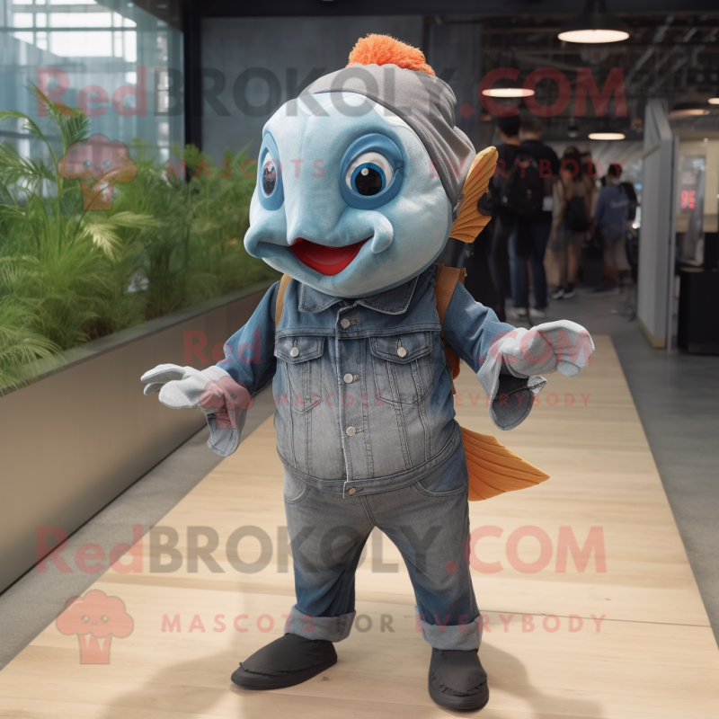 Gray Goldfish mascot costume character dressed with a Denim Shirt and Headbands Gray Goldfish mascot costume character dressed with a Denim Shirt and Headbands