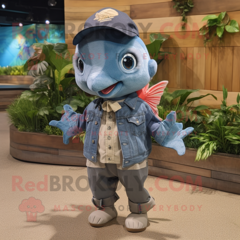 Gray Goldfish mascot costume character dressed with a Denim Shirt and Headbands