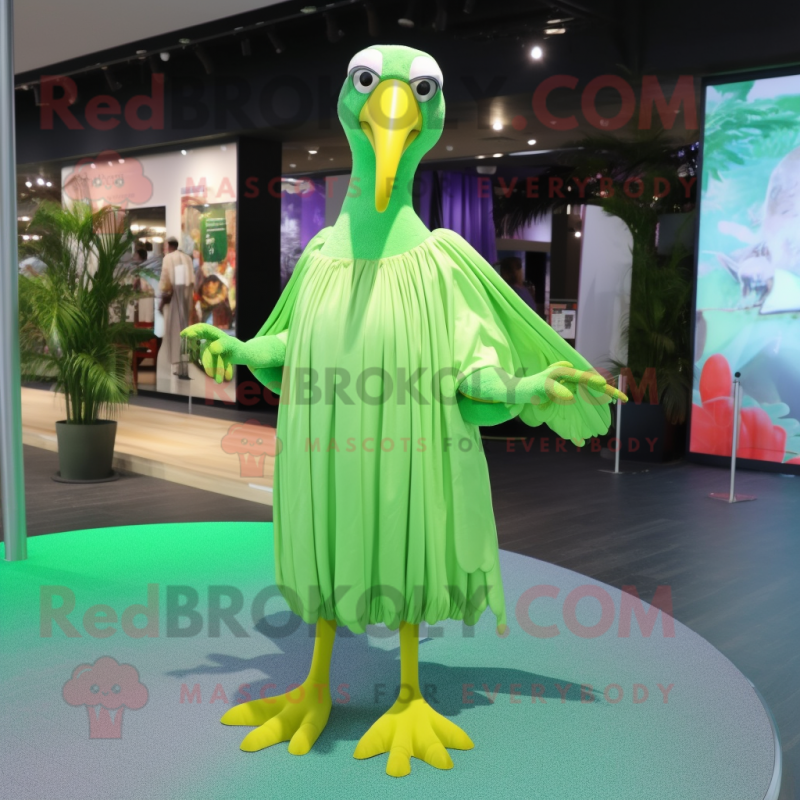 Lime Green Albatross mascot costume character dressed with a Maxi Dress and Shoe clips