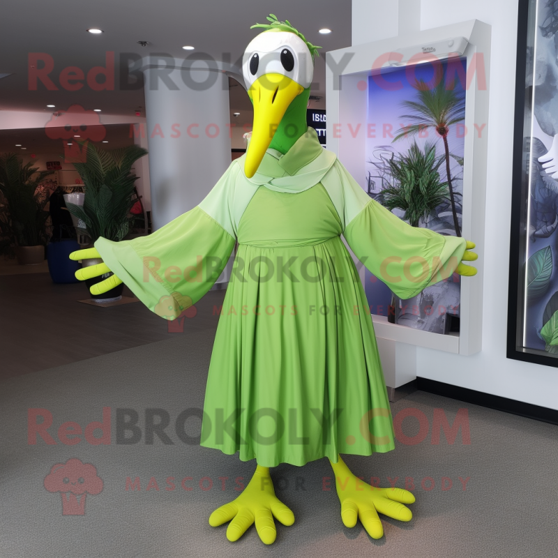 Lime Green Albatross mascot costume character dressed with a Maxi Dress and Shoe clips