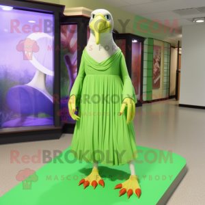 Lime Green Albatross mascot costume character dressed with a Maxi Dress and Shoe clips