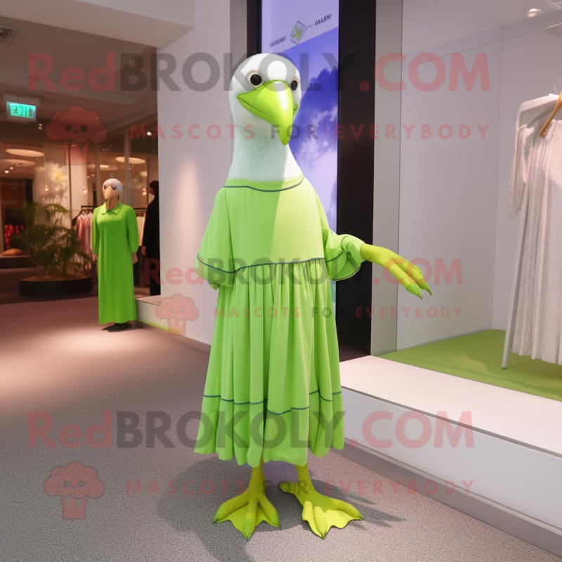 Lime Green Albatross mascot costume character dressed with a Maxi Dress and Shoe clips