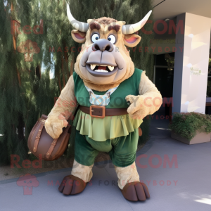 Olive Minotaur mascot costume character dressed with a Corduroy Pants and Clutch bags