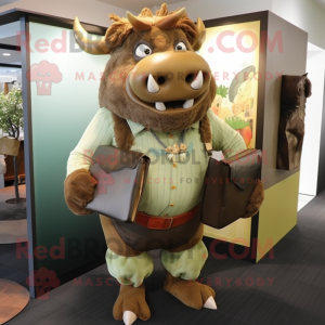 Olive Minotaur mascot costume character dressed with a Corduroy Pants and Clutch bags