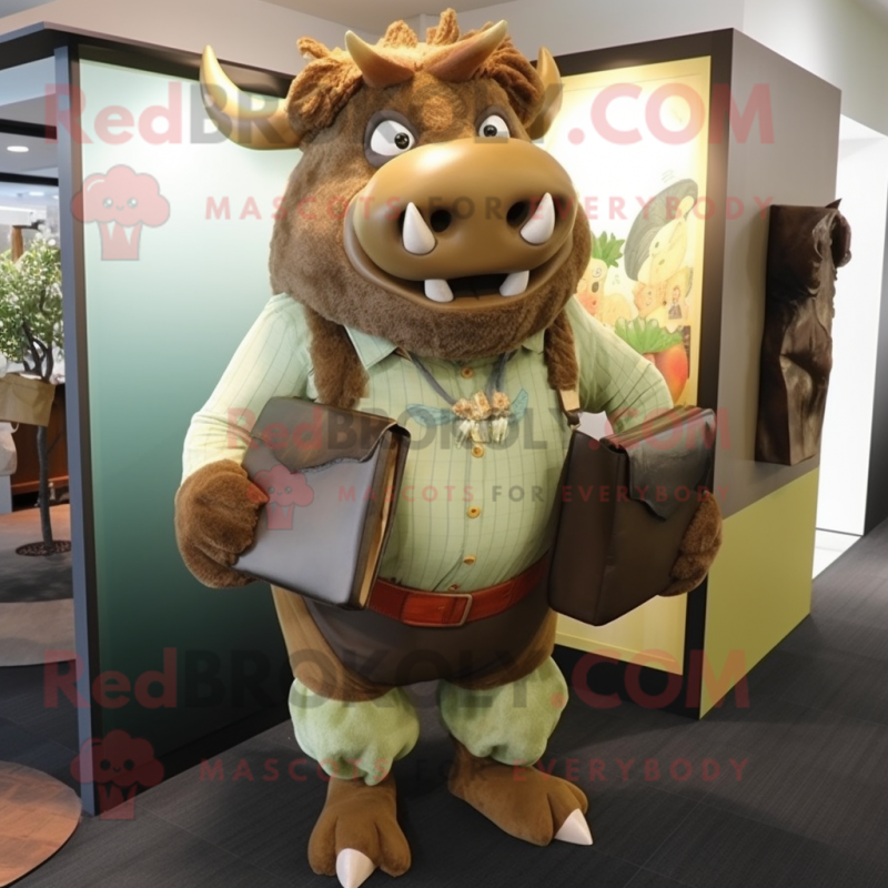 Olive Minotaur mascot costume character dressed with a Corduroy Pants and Clutch bags
