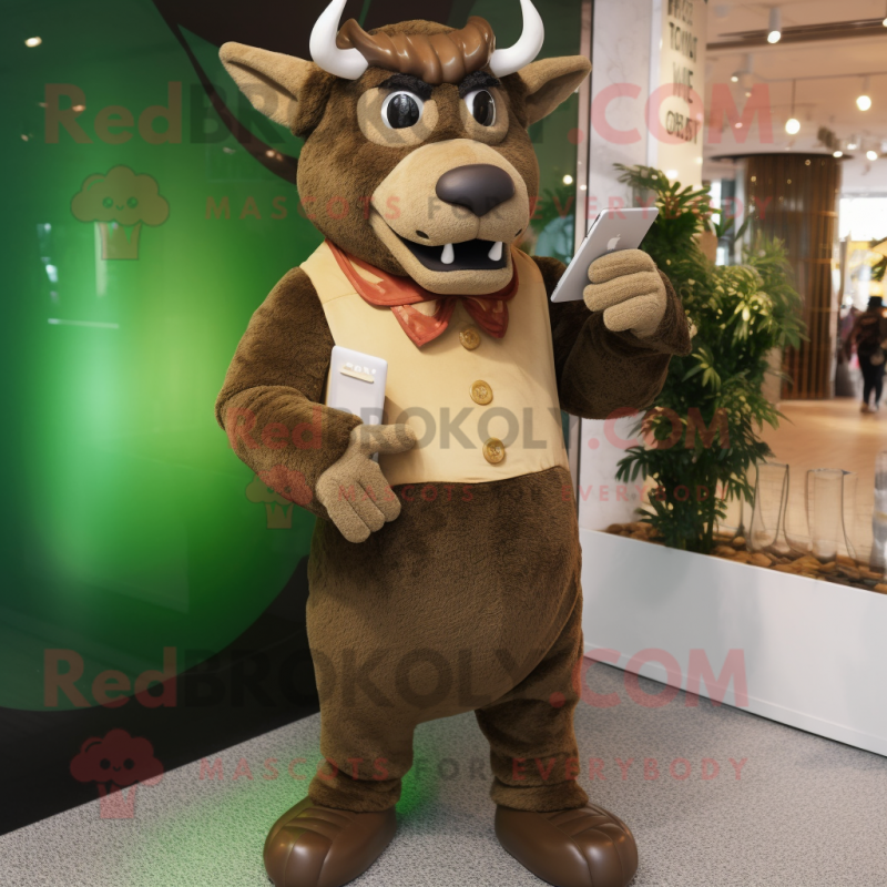 Olive Minotaur mascot costume character dressed with a Corduroy Pants and Clutch bags