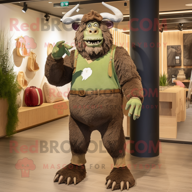 Olive Minotaur mascot costume character dressed with a Corduroy Pants and Clutch bags