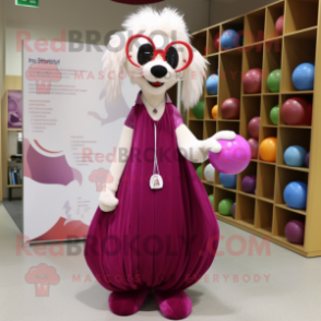 Magenta Ermine mascot costume character dressed with a Ball Gown and Eyeglasses