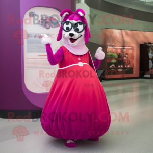 Magenta Ermine mascot costume character dressed with a Ball Gown and Eyeglasses