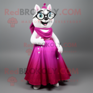 Magenta Ermine mascot costume character dressed with a Ball Gown and Eyeglasses