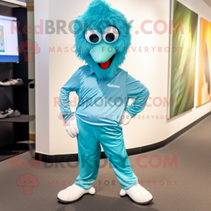 Turquoise Emu mascot costume character dressed with a Capri Pants and Cufflinks