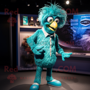 Turquoise Emu mascot costume character dressed with a Capri Pants and Cufflinks