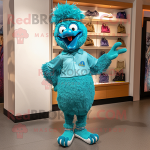 Turquoise Emu mascot costume character dressed with a Capri Pants and Cufflinks