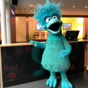 Turquoise Emu mascot costume character dressed with a Capri Pants and Cufflinks