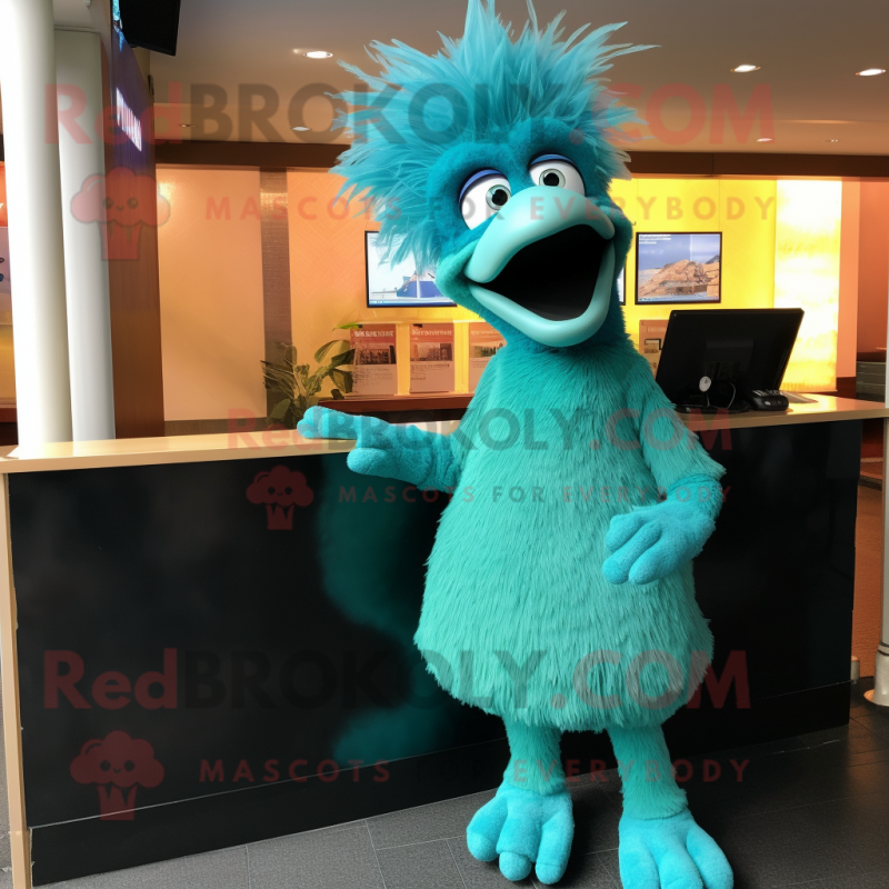 Turquoise Emu mascot costume character dressed with a Capri Pants and Cufflinks Turquoise Emu mascot costume character dressed with a Capri Pants and Cufflinks