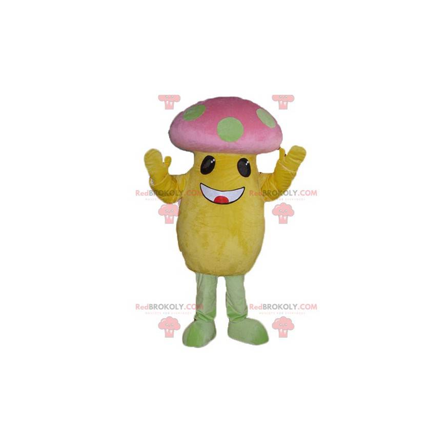 Mascot grote gele en roze paddestoel met groene stippen -