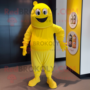 Lemon Yellow Bottle Of Mustard mascot costume character dressed with a Rash Guard and Belts