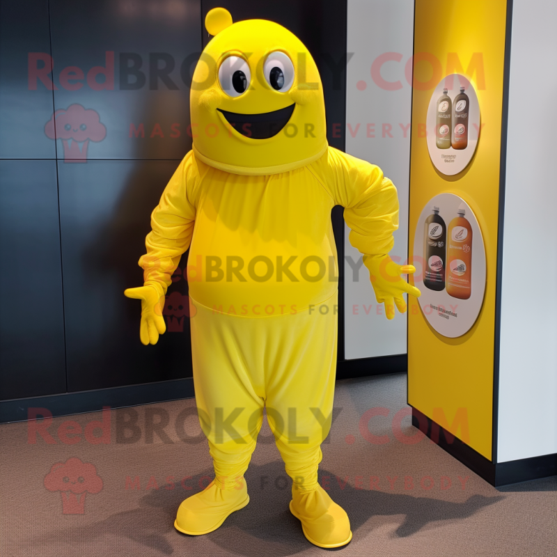 Lemon Yellow Bottle Of Mustard mascot costume character dressed with a Rash Guard and Belts Lemon Yellow Bottle Of Mustard mascot costume character dressed with a Rash Guard and Belts