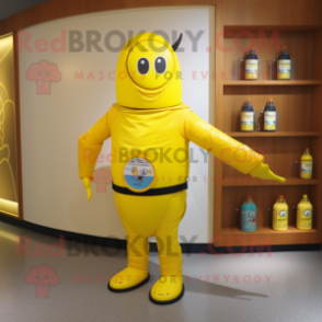 Lemon Yellow Bottle Of Mustard mascot costume character dressed with a Rash Guard and Belts