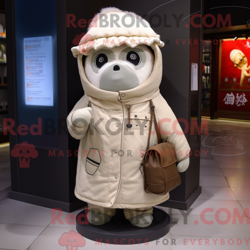 Mascote de um Dim Sum Bege com parca e carteiras - Mascotes dim sum - REBROKO_405036 - RedBrokoly.com