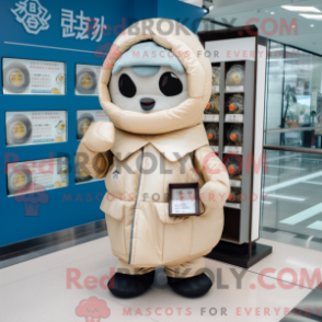 Mascote de um Dim Sum Bege com parca e carteiras - Mascotes dim sum - REBROKO_405037 - RedBrokoly.com